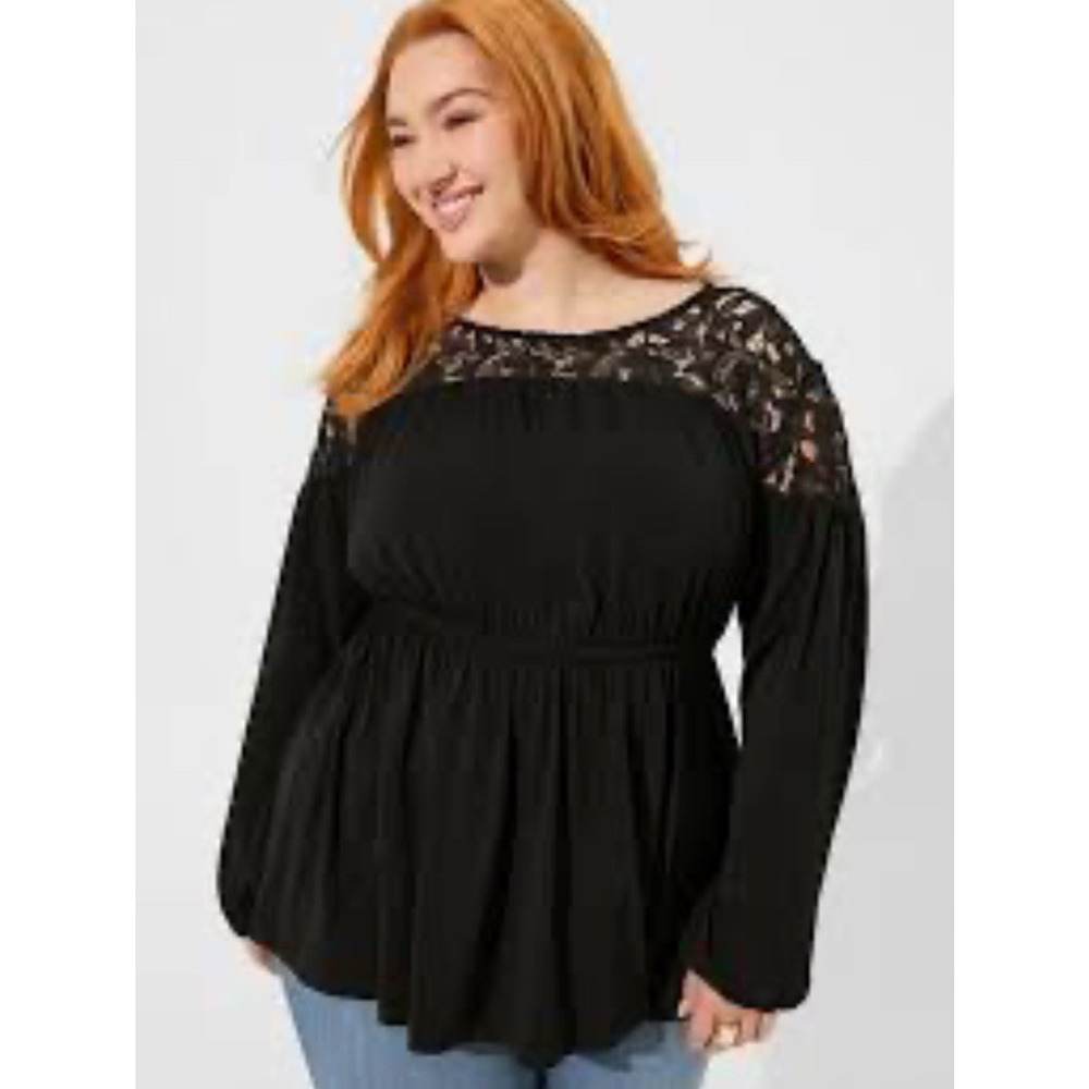 Torrid Studio‎ Crepe Crew Neck Lace Yoke Babydoll Top Black 5 5X 28 Dressy Party